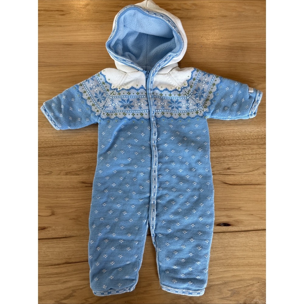 Vintage Snowsuit Fleece Lined Fair Isle Knit One Piece Baby Size 3-6 Mo Blue